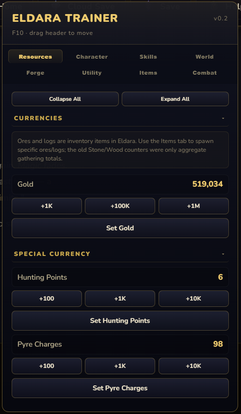 Eldara Trainer Resources interface