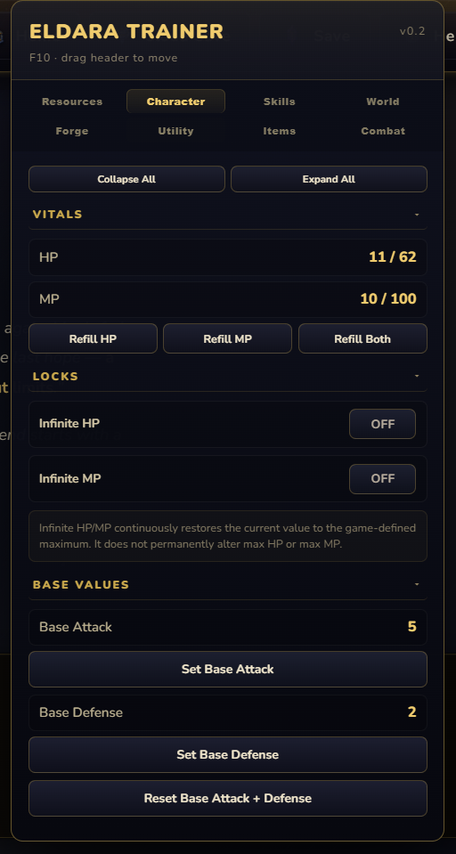 Eldara Trainer Character tab