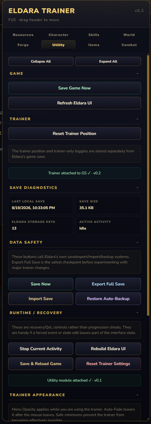 Eldara Trainer Utility tab